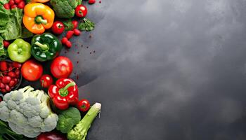 Fresh vegetables on black background. Top view with copy space for your text. . photo