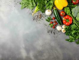 Various fresh vegetables on grey table, top view. Space for text. AI Generated. photo