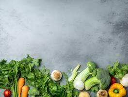 Various fresh vegetables on grey background, top view. Space for text. AI Generated. photo