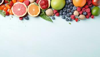 Healthy food background with fresh fruits and berries on blue background. Top view with copy space. AI Generated. photo