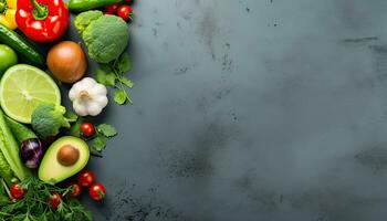 Vegetables, herbs and spices on dark background. Top view with copy space. AI Generated. photo
