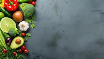 Vegetables, herbs and spices on dark background. Top view with copy space. . photo