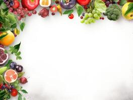 Healthy food background with fruits and vegetables. Top view with copy space. . photo