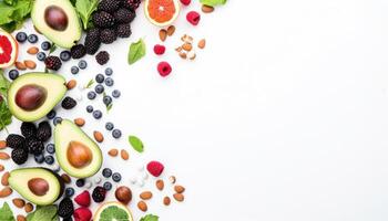 Healthy food background with fruits and berries. Top view with copy space. AI Generated. photo