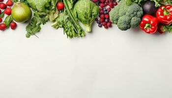 Fresh organic vegetables and fruits on white background. Healthy eating concept. AI Generated. photo