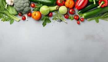 Fresh vegetables on grey background. Top view with space for your text. AI Generated. photo