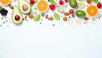 Healthy food background with fruits and vegetables on white. Top view. AI Generated. photo