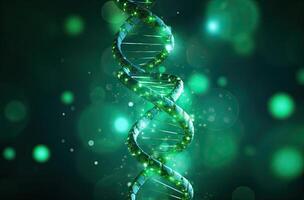 DNA helix on green bokeh background. 3d illustration. AI Generated. photo