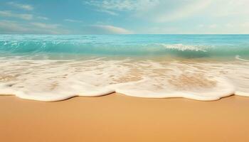 Soft wave of the sea on the sandy beach with blue sky background. AI Generated. photo