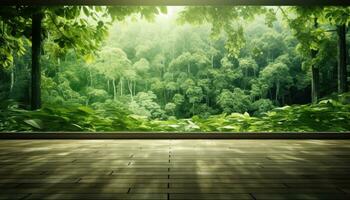 Wooden terrace with forest view and sunlight. 3d rendering. AI Generated. photo