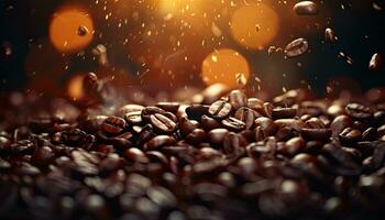 Coffee beans falling into the air with bokeh background. AI Generated. photo