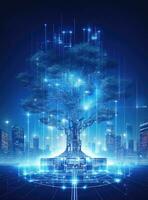 futurista árbol en digital estilo en contra paisaje urbano en contra azul antecedentes. ai generado. foto