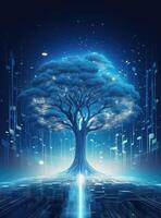 abstract futuristic tree with music notes on dark blue background, vector illustration. AI Generated. photo