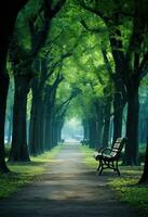 Bench in the park with green trees in the background. AI Generated. photo