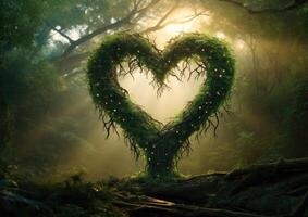 Heart shaped tree in the forest with misty background. Love concept. AI Generated. photo