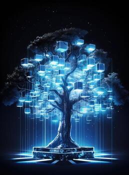 futurista árbol con brillante cubitos en oscuro antecedentes. 3d representación. ai generado. foto