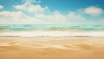 Beautiful tropical beach with sand and wave on blue sky background. AI Generated. photo