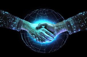 Conceptual image of handshake and globe on black background. 3D rendering. . photo