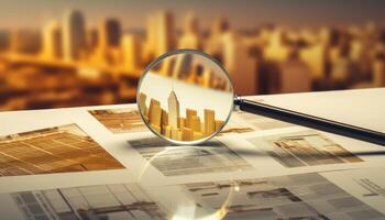 Magnifying glass on city background. 3d render. Business concept. . photo