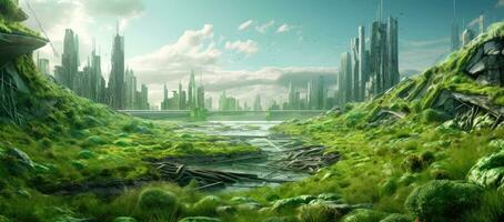 Fantasy alien planet. Mountain and lake. 3D illustration. AI Generated. photo