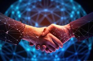 Close up of business handshake against global network connection on dark blue background. AI Generated. photo