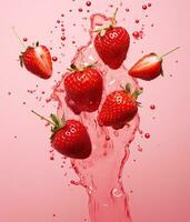 Fresh strawberries falling into water with splash, isolated on pink background. AI Generated. photo