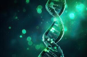 DNA molecule background as biochemistry science concept with green light bokeh. AI Generated. photo