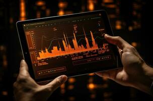 tableta pantalla mostrando valores mercado datos en un futurista tecnología concepto. ai generado. foto