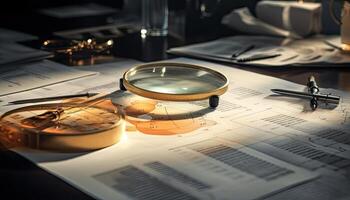 Business still life with magnifying glass and financial chart. 3d rendering. . photo