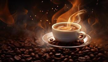 Cup of coffee with smoke and coffee beans on dark background. AI Generated. photo