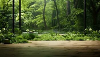 Wooden terrace in the green forest. 3d rendering. AI Generated. photo