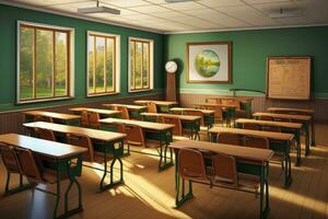 interior de un colegio salón de clases con escritorios y sillas. ai generado. foto