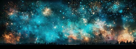 Fireworks celebration New Year's Eve background, panoramic banner. AI Generated. photo