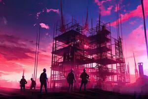 Silhouette of construction workers working on a building site with a colorful sky. AI Generated. photo