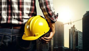 engineer with yellow helmet on building construction site background, Engineer concept. AI Generated. photo