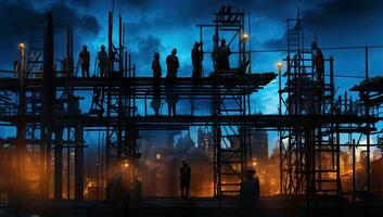 Silhouettes of construction workers on scaffolding at night. AI Generated. photo