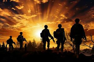 Silhouettes of soldiers on the background of the setting sun. AI Generated. photo