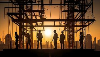 silueta de ingeniero y trabajador trabajando en construcción sitio a puesta de sol. ai generado. foto