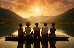 Group of people sitting on a wooden pier by a lake at sunset. AI Generated. photo