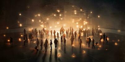 silueta de un multitud de personas caminando en el ciudad a noche. ai generado. foto