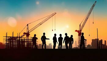 Silhouette of a group of builders on the background of a construction site. AI Generated. photo