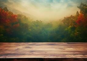 Empty wooden table for product display montages with autumn forest background. AI Generated. photo