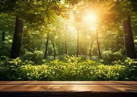 Wooden table in front of green forest with sunbeams. AI Generated. photo