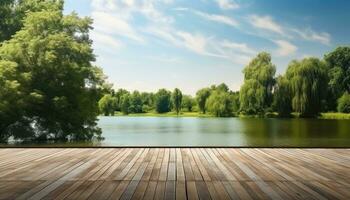 Wooden deck with lake and forest in background. AI Generated. photo