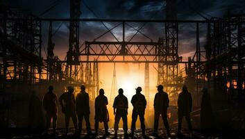 Silhouette of a group of people in front of the construction site. AI Generated. photo