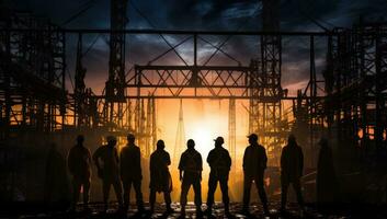 Silhouette of a group of people in front of the construction site. AI Generated. photo