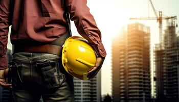 engineer holding a yellow hard hat on the construction site background. AI Generated. photo