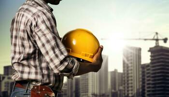 engineer or architect with yellow safety helmet on construction site background. AI Generated. photo