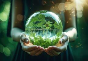 Woman hands holding earth globe on green bokeh background. save the world concept. AI Generated. photo