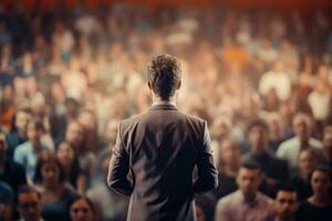 Back view of a businessman standing in front of a crowd of people. AI Generated. photo